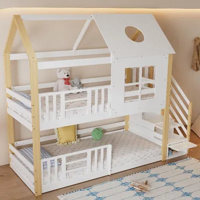 Produktbild von Etagenbett 90x200 mit Aufbewahrungstreppe, Hausbett mit Fenster und Dach, Weiß Natur, Kiefer, MDF