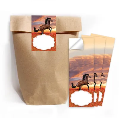 12 Geschenktüten natur + 12 Pferde-Sticker für Kindergeburtstag