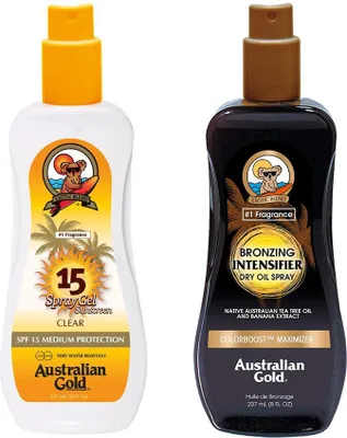 Produktbild von Australian Gold | Sonnenpflege Set - SPF 15 Spray Gel 237ml + Bräunungsöl Spray 237ml - Feuchtigkeitsspendend - Bräunungsbeschleuniger
