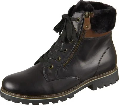 A single black boot with brown accents and faux fur trim is shown against a white background.