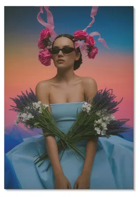 Produktbild von POSTER - 21x29 cm (A4) - Point2035 - Frau mit Blumen vor dem Hintergrund eines Sonnenuntergangs -  Wandbild für Wohnzimmer Schlafzimmer & Flur, Modernes Poster Wanddeko, Ungerahmt