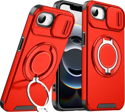 Obrázek produktu pro Dvouvrstvé pouzdro pro iPhone 16e/iPhone 17e, s posuvným krytem fotoaparátu a magnetickým kroužkovým stojánkem Červený