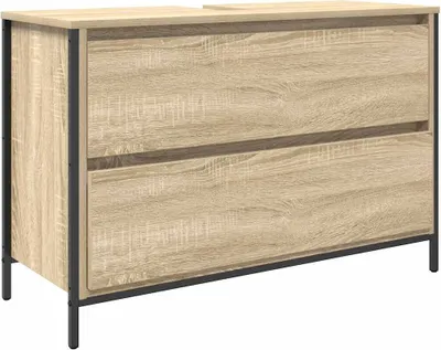 A product image of a bathroom vanity with two drawers, set against a white background.