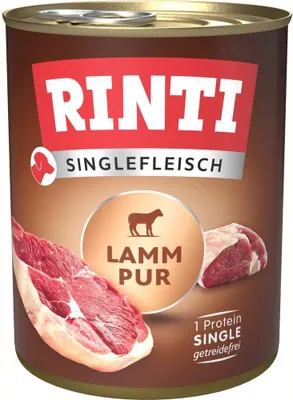 A can of Rinti Singlefleisch Lamm Pur dog food.
