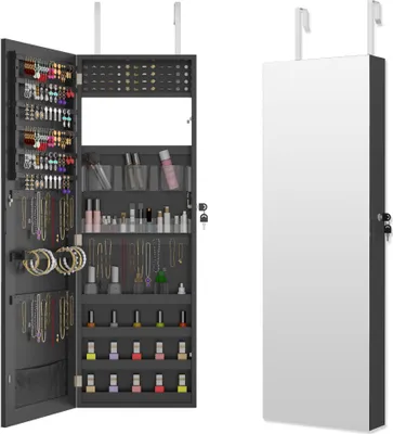 Obrázok produktu pre JOIEYOU Skrinka na šperky so zrkadlom Zrkadlová skrinka na stenu Závesná uzamykateľná skrinka na šperky Organizér na make-up 2 v 1 so zrkadlom v plnej dĺžke Stojace zrkadlo, čierna farba