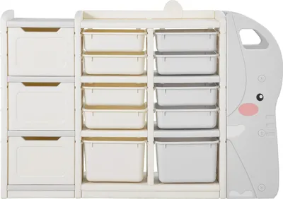 Immagine prodotto di SucceBuy scaffale portagiochi e libreria a forma di elefante, scaffale a 4 livelli con 10 scatole di plastica flessibili, ideale per camerette e aule scolastiche (grigio + beige)
