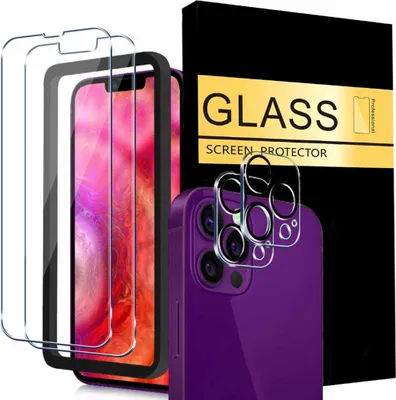 A product shot of screen protectors and camera protectors for an iPhone 15 Pro Max, along with its packaging.
