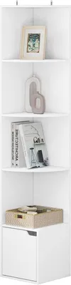 A white corner shelf unit with items displayed on each shelf.