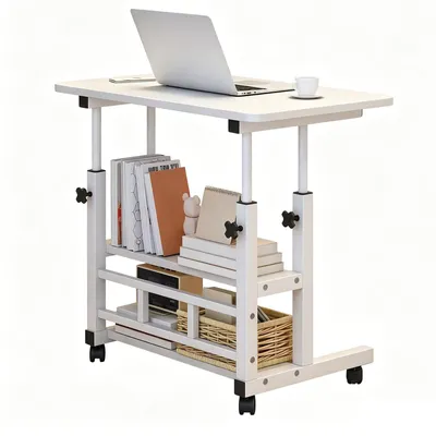 Produktbild von Laptoptisch Höhenverstellbarer mit Rollen & Ablagen, PC Tisch Computerwagen Stehtisch Couchtisch Beistelltisch, 63-90 x 80 x 40cm