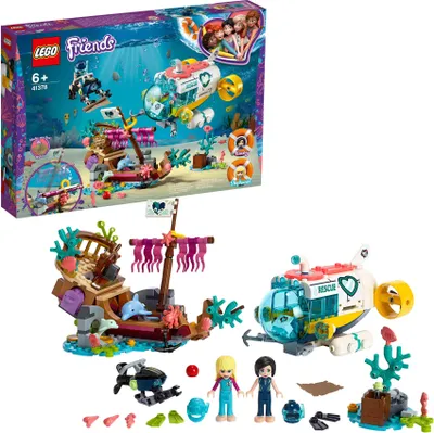 A LEGO Friends rescue submarine playset with a shipwreck, submarine, and figures, shown both in its packaging and as assembled components.