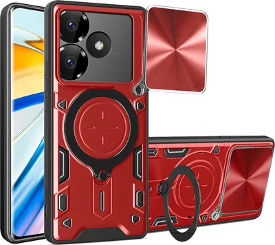 Produktbild von Handyhülle für Xiaomi Redmi Turbo 3 /Poco F6 5G Dual-Layer Stoßfest Rüstung Hülle mit Dia Kameraschutz und Kreisförmig Ring Ständer Rot