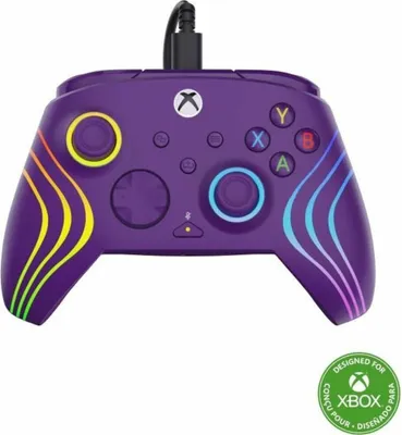 A purple Xbox controller with colorful wave designs and a USB cable.