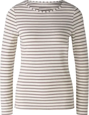 Produktbild von Oui SUMIKO Damen Langarmshirt mit Rundhals und gewirkten Streifen, Dunkelbraun Off-White, Größe 40
