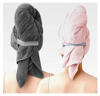 Produktbild von 2 Stück Großes Mikrofaser-Handtuch für lange Haare, 103 x 60 cm, Haarturban mit elastischem Band, schnell trocknend und super saugfähig, im Waffeldesign, für lange Haare (Grau & Rosa)