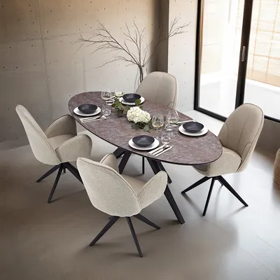 Produktbild von Homestyle4u Essgruppe mit 4 Stühlen 5 tlg Esstisch drehbar Beige oval rund Schwarz Esszimmergruppe