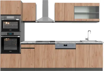 Immagine prodotto di Cucina componibile Vicco R-Line Rovere dorato/antracite 300 cm  J-Shape con armadio alto, PL Marmo, Model 43072