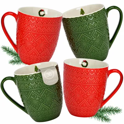 Productafbeelding van Koffiekopjes, 36 stuks per doos, rood en groen, met wintermotief
