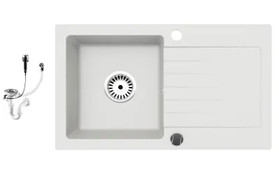 Produktbild von [Granitspüle 76x44 in verschiedenen Farben+ Armatur Spirale] Hochwertig beidseitig Montierbar Küchenspüle Eckig Einbaugranitspüle Granit Spülbecken f. Unterschränke ab 45 cm inkl.Siphon Set, Farben:Weiß