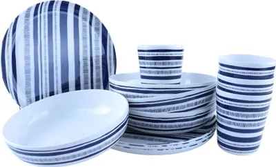 Produktbild von OTIX Melamin Geschirrset 12-teilig Essteller Suppenschüsseln Trinkgläser Campinggeschirr Limonadengläser Gestreift STRIPES