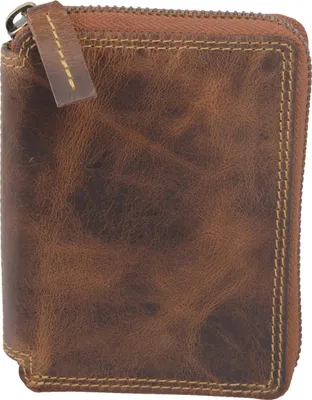 Produktbild von Braune Leder Geldbörse 12,5x10cm mit 8 Kreditkartenfächern, Reißverschlussfächern und Sichtfenster