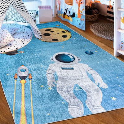 Mazovia Teppich - Kinderteppich Weltall - Kinderzimmer - Weicher, Rutschfester Kinderzimmer-Teppich - Maschinenwaschbar - Blau - 120x170 cm