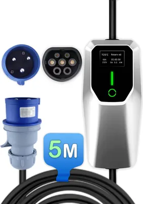 Immagine prodotto di Caricabatterie per veicoli elettrici Tipo 2, 7 kW, 32 A, monofase, CEE, cavo da 5 m, display LCD, corrente regolabile, wallbox portatile per PHEV
