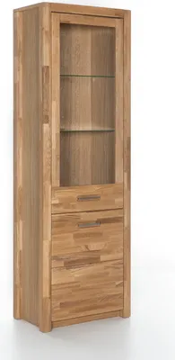 Produktbild von Vitrine Fenja 66x203 cm aus Wildeiche geölt Teilmassiv mit 2 Türen und Glas
