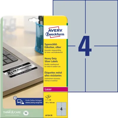 Zdjęcie produktu dla Avery L6134 - poliester - matowy - klej permanentny - srebrny - 105 x 148 mm 80 etykiet (20 arkuszy x 4) etykiety na nazwisko (L6134-20)