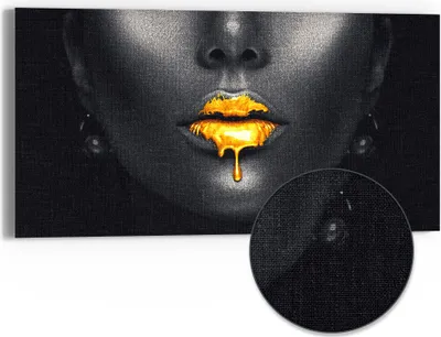 Produktbild von DEQORI Hybrid Leinwand Bild 60x30 cm 'Goldbedeckte Lippen' Wandbild Glas flach modern