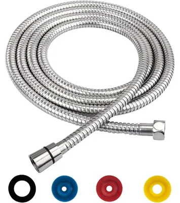 Image de Tuyau de douche en acier inoxydable, 2 mètres, avec protection anti-torsion, universel, flexible, couleur argent, avec économiseur d'eau, raccordement standard 1/2"