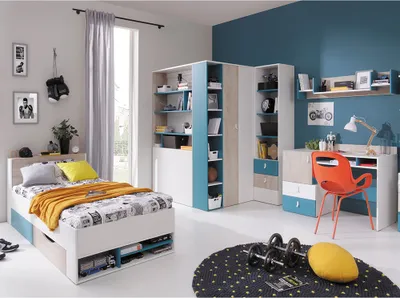 Produktbild von Jugendzimmer Set 5-teilig PITTSBURGH-133 mit Jugendbett 90x200 in weiß mit Eiche und blau