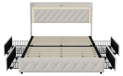 Produktbild von Polsterbett - 140x200 cm Doppelbett - Samt, Stauraumschubladen, MDF-Gestell, Modernes Design - Beige