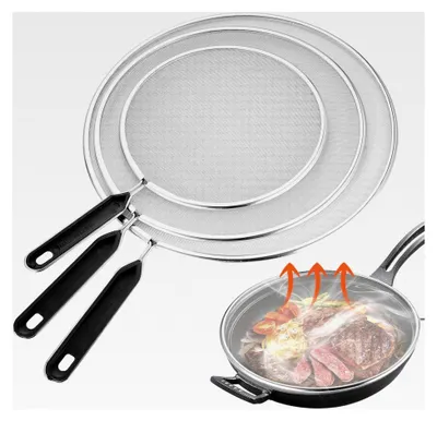 Produktbild von 3 Stück Spritzschutz für Pfannen aus Edelstahl, universeller Pfannenspritzschutz, Spritzdeckel mit Handgriff für Bratpfannen (Durchmesser 19 cm, 25 cm, 29 cm)