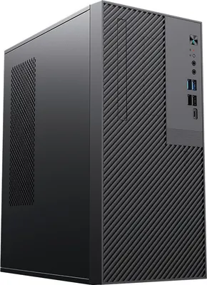 A black micro tower computer case is shown from a three-quarter angle against a white background.