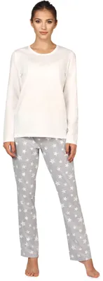 Image de Pyjama long pour femme Bellivalini, encolure ronde, référence BLV50-167 (crème chiné à étoiles, taille M)