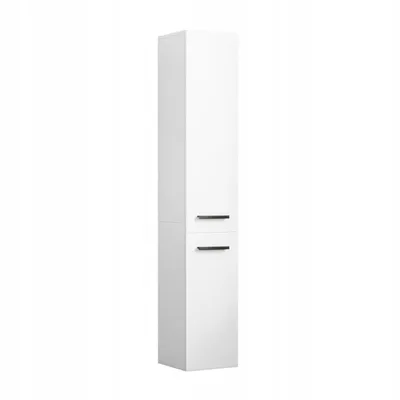 A tall, white, modern storage cabinet with two doors and black handles, presented against a plain white background.