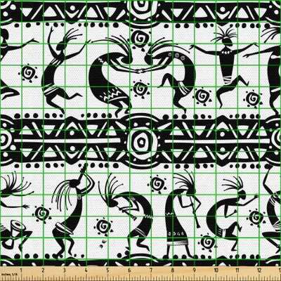 Image de ABAKUHAUS Tissu africain vendu au mètre, motifs orientaux dansants, éléments décoratifs tribaux folkloriques vintage, 3 m (148 x 300 cm), blanc et noir