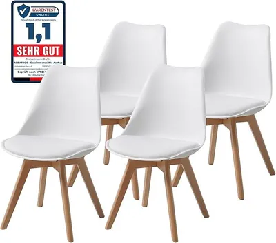Produktbild von Esszimmerstühle 4er Set AARHUS, Weiss - Beine aus Buche Massiv-Holz, Skandinavisches Retro-Design, bequemer Schalenstuhl - Eleganter Küchenstuhl, Stuhl Esszimmer für Esstisch