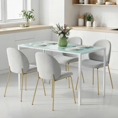 Produktbild von Esstisch Glas, Küchentisch gehärtetes Glas 6 mm, Glastisch Esszimmertisch Metallgestell, Weiß | 120 x 60 x 75 cm | 4–6 Personen | bis 80 kg