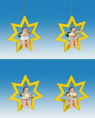 Produktbild von Christbaumschmuck Engel auf Stern mit Instrument 4 teilig ohne Krone Höhe 6cm NEU