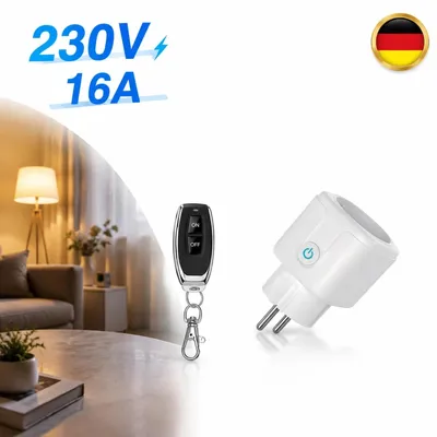 Image de Prise secteur avec télécommande, 230V, 16A, 3300 Watts, fréquence radio 433 MHz, portée de 30 à 60 mètres, couleur blanche