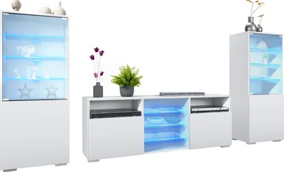 Produktbild von Vladon Wohnwand Granada, Anbauwand bestehend aus 2 Vitrinen und 1 TV-Board, Weiß matt/Weiß matt inkl. LED-Beleuchtung (286 x 122,5 x 35 cm)
