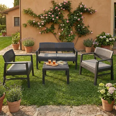 Produktbild von Outdoor-Lounge-Set Dauter, Gartengarnitur mit 2 Sesseln, 1 Sofa und 1Couchtisch, Sitzecke in Rattan-Optik mit Kissen, 100 % Italy, Anthrazit