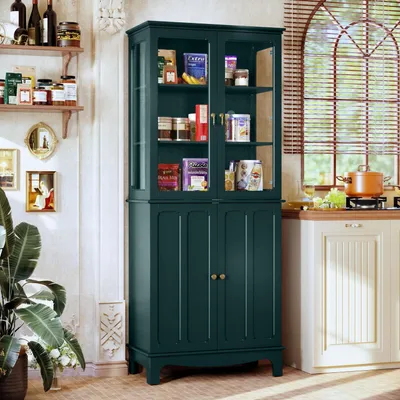 Immagine prodotto di Mobiletto da cucina con porta in vetro, mobiletto alto, ripiani regolabili, colore verde