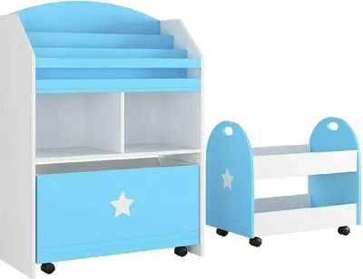 Immagine prodotto di Bolt Edge, set per giocattoli e libreria - bianco/blu - scaffale per bambini - MDF - 2 pezzi - libreria e carrello per giocattoli