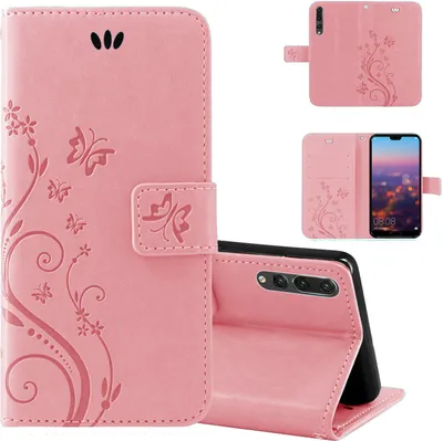 A collage of images showing a pink flip phone case with floral and butterfly designs, including different angles and a phone inserted into the case.