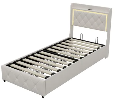 Produktbild von Bett - Gepolstertes Einzelbett - 90 x 200 cm - 2 Schubladen - Stauraum - Lattenrost - Samt - Beige