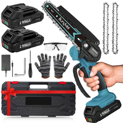 Produktbild von Mini Kettensäge mit Akku, 6 Zoll Akku Kettensäge mit 2 * 2.0Ah Akkus und Ladegerät, 2 Ketten, Einhand Kettensäge Elektrisch für Gartenbäumen Astschere