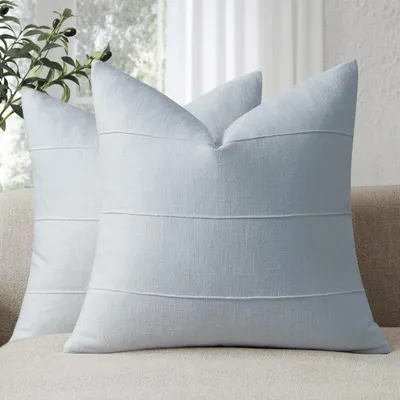 Immagine prodotto di Coperte per cuscini, 50x50 cm, set da 2, azzurro chiaro, misto lino, motivo a righe