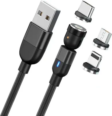 Produktbild von Magnet Ladekabel für Samsung iPhone Huawei 2 Meter (Schwarz) Magnetladekabel drehbar 360°&180° mit 3 Stecker USB-Micro /USB-C/ Lightning 2,4 A